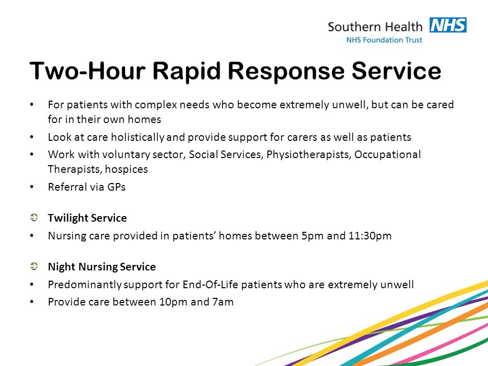 Two-Hour Rapid Response Service For patients with complex needs who become extremely unwell, but can be cared for in their own homes Look at care holistically and provide support for carers as well as patients Work with voluntary sector, Social Services, Physiotherapists, Occupational Therapists, hospices Referral via GPs Twilight Service Nursing care provided in patients’ homes between 5pm and 11:30pm Night Nursing Service Predominantly support for End-Of-Life patients who are extremely unwell Provide care between 10pm and 7am