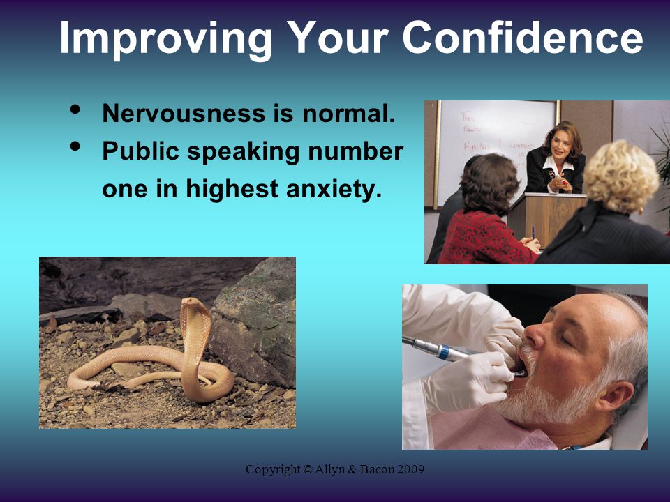 Copyright © Allyn & Bacon 2009 Improving Your Confidence Nervousness is normal.