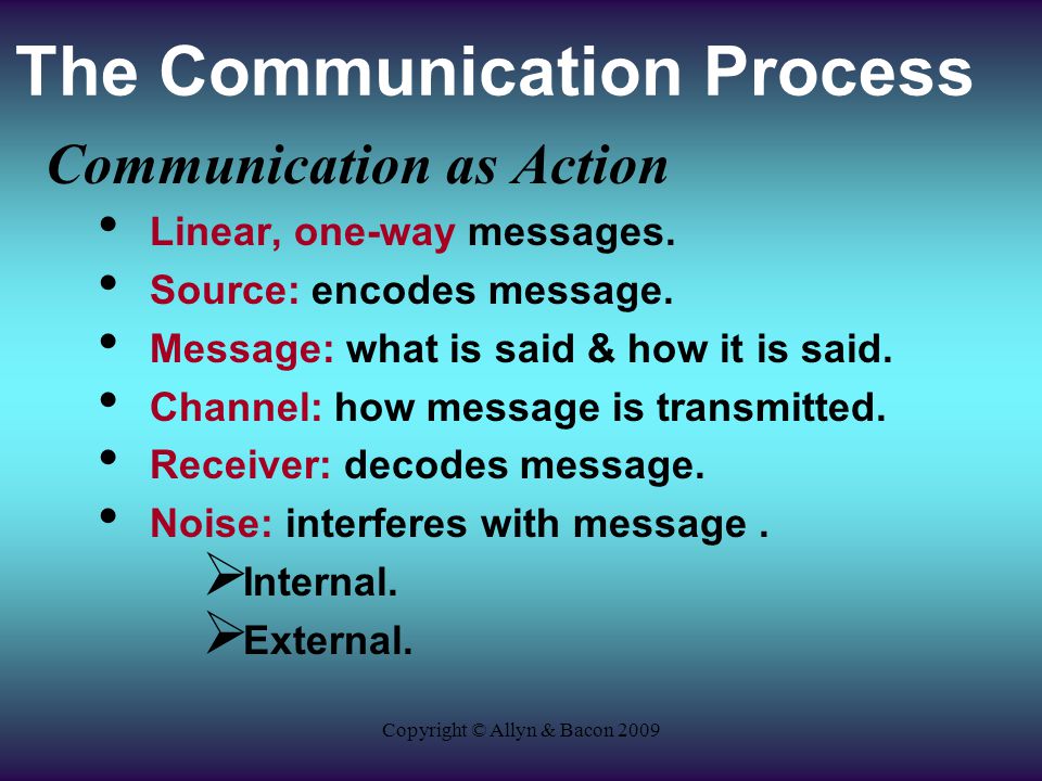 Copyright © Allyn & Bacon 2009 The Communication Process Communication as Action Linear, one-way messages.