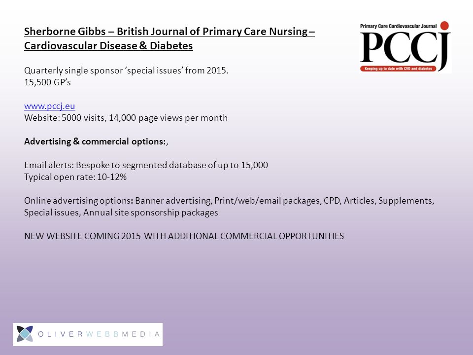 Sherborne Gibbs – British Journal of Primary Care Nursing – Cardiovascular Disease & Diabetes Quarterly single sponsor ‘special issues’ from 2015.