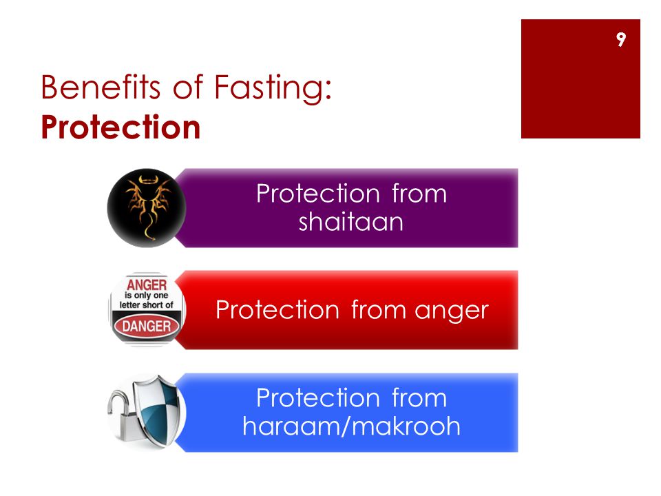 Benefits of Fasting: Protection Protection from shaitaan Protection from anger Protection from haraam/makrooh 9