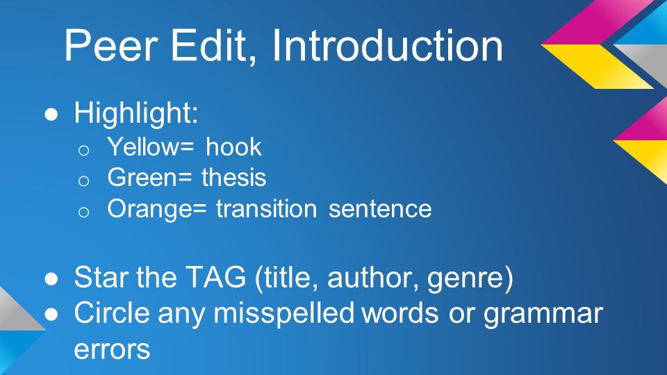 Peer Edit, Introduction ●Highlight: o Yellow= hook o Green= thesis o Orange= transition sentence ●Star the TAG (title, author, genre) ●Circle any misspelled words or grammar errors