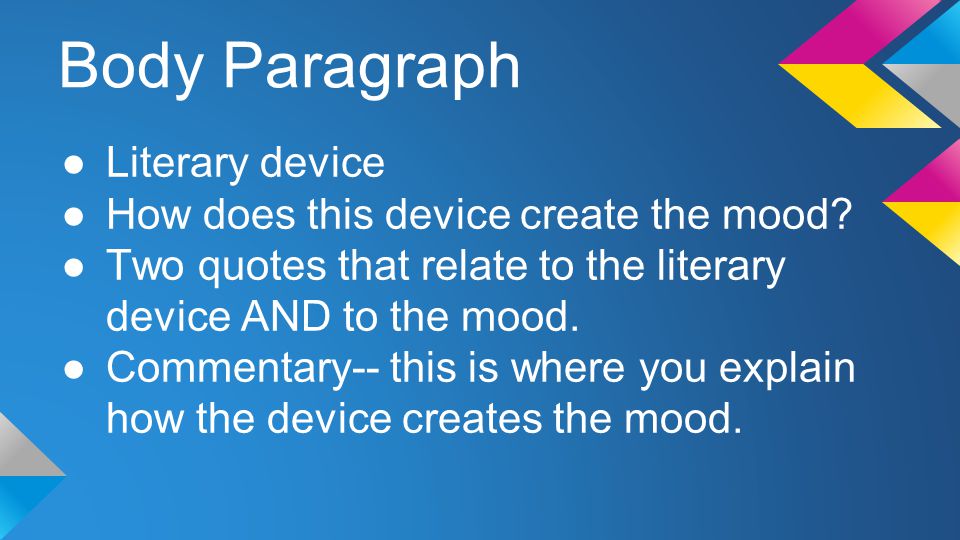 Body Paragraph ●Literary device ●How does this device create the mood.