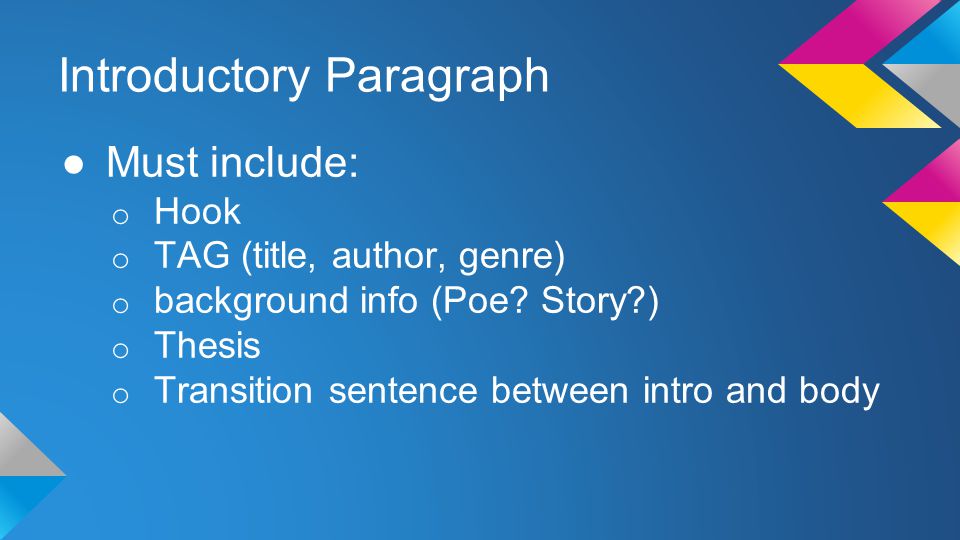 Introductory Paragraph ●Must include: o Hook o TAG (title, author, genre) o background info (Poe.