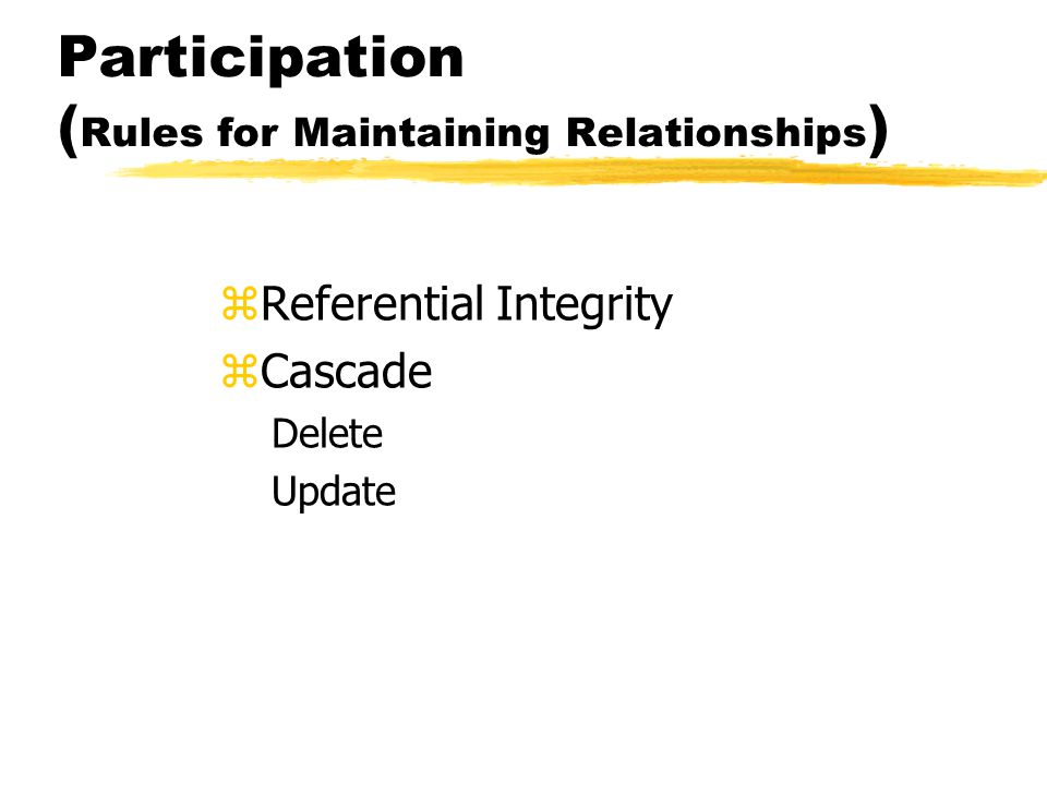 Participation ( Rules for Maintaining Relationships ) zReferential Integrity zCascade Delete Update