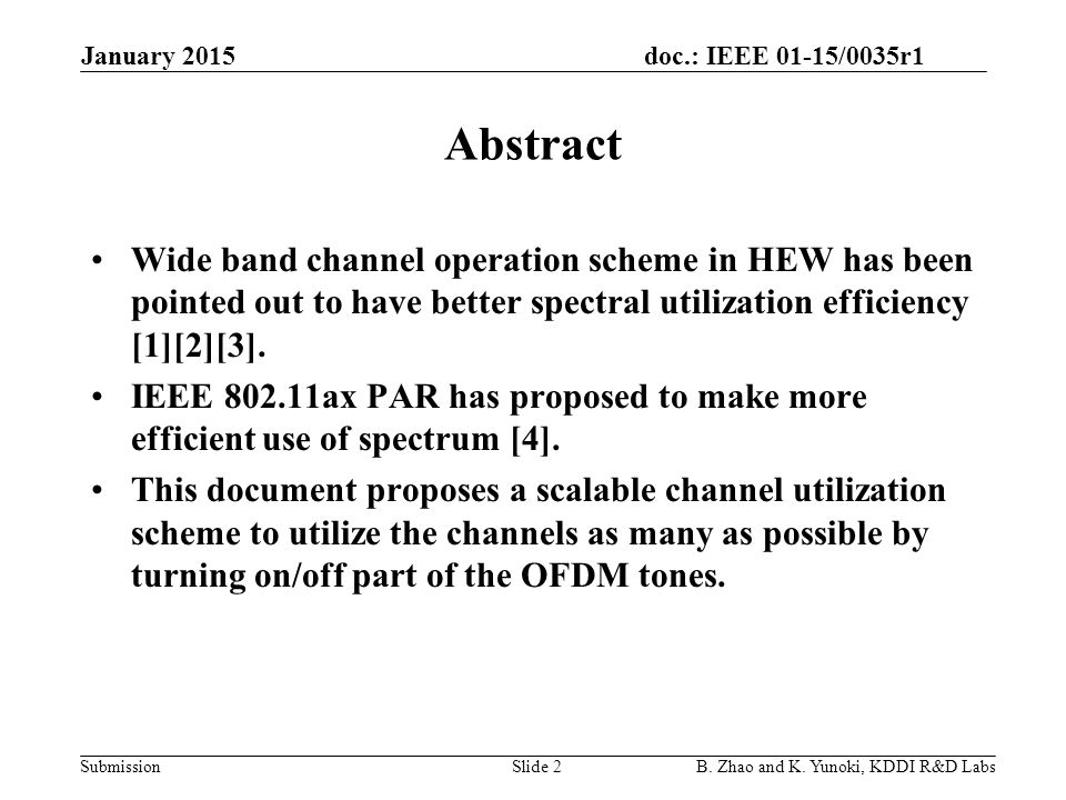 doc.: IEEE 01-15/0035r1 Submission Abstract Wide band channel operation scheme in HEW has been pointed out to have better spectral utilization efficiency [1][2][3].