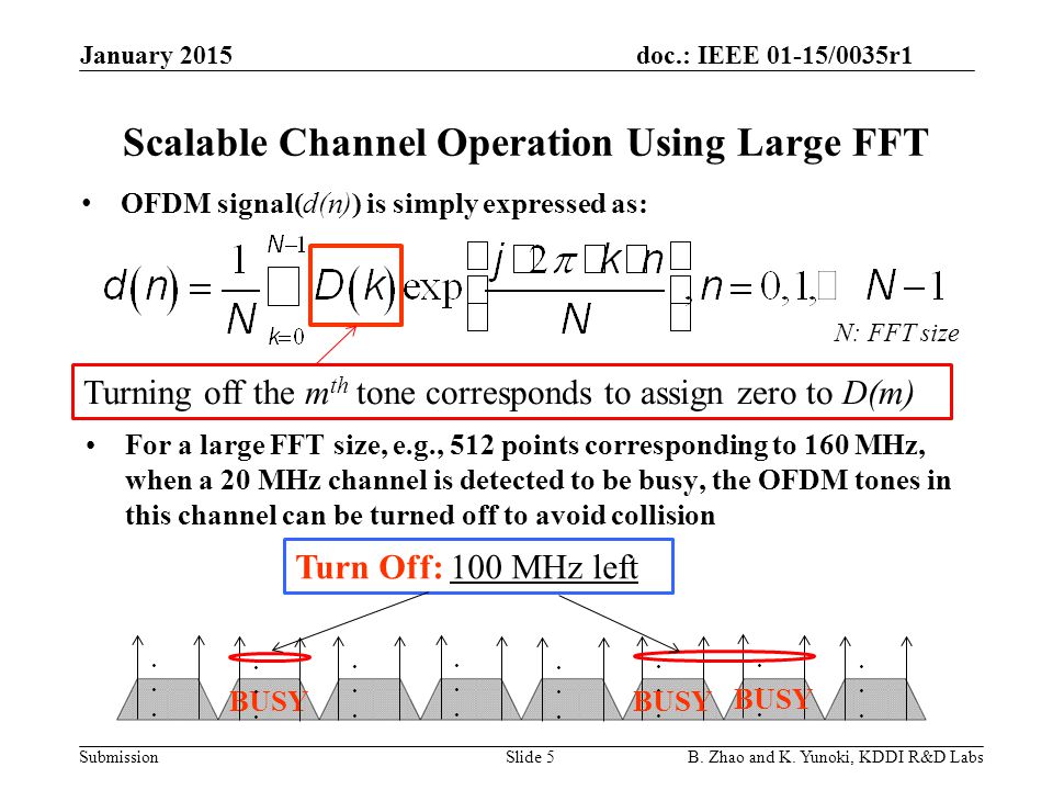 doc.: IEEE 01-15/0035r1 Submission Scalable Channel Operation Using Large FFT For a large FFT size, e.g., 512 points corresponding to 160 MHz, when a 20 MHz channel is detected to be busy, the OFDM tones in this channel can be turned off to avoid collision January 2015 B.