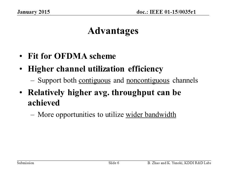 doc.: IEEE 01-15/0035r1 Submission Advantages Fit for OFDMA scheme Higher channel utilization efficiency –Support both contiguous and noncontiguous channels Relatively higher avg.