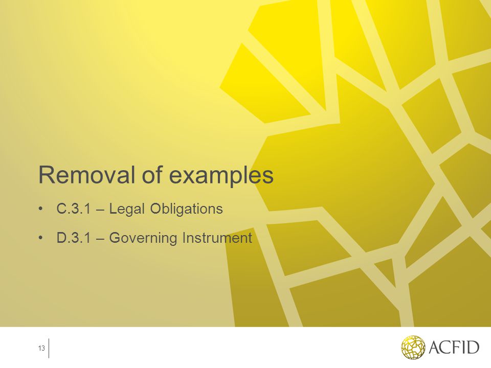 Removal of examples C.3.1 – Legal Obligations D.3.1 – Governing Instrument 13