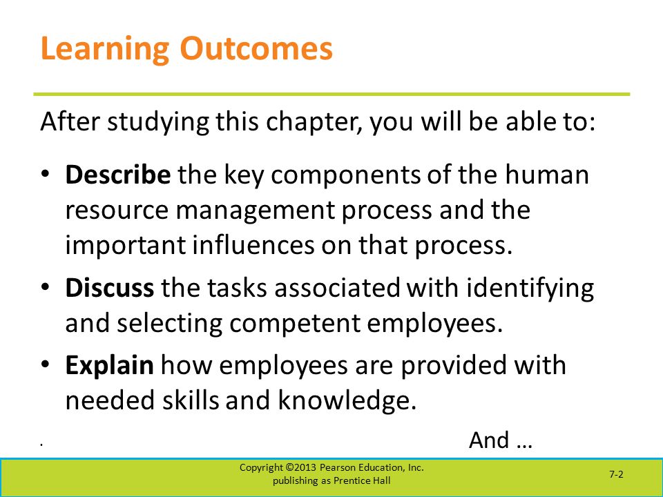 Learning Outcomes After studying this chapter, you will be able to: Describe the key components of the human resource management process and the important influences on that process.