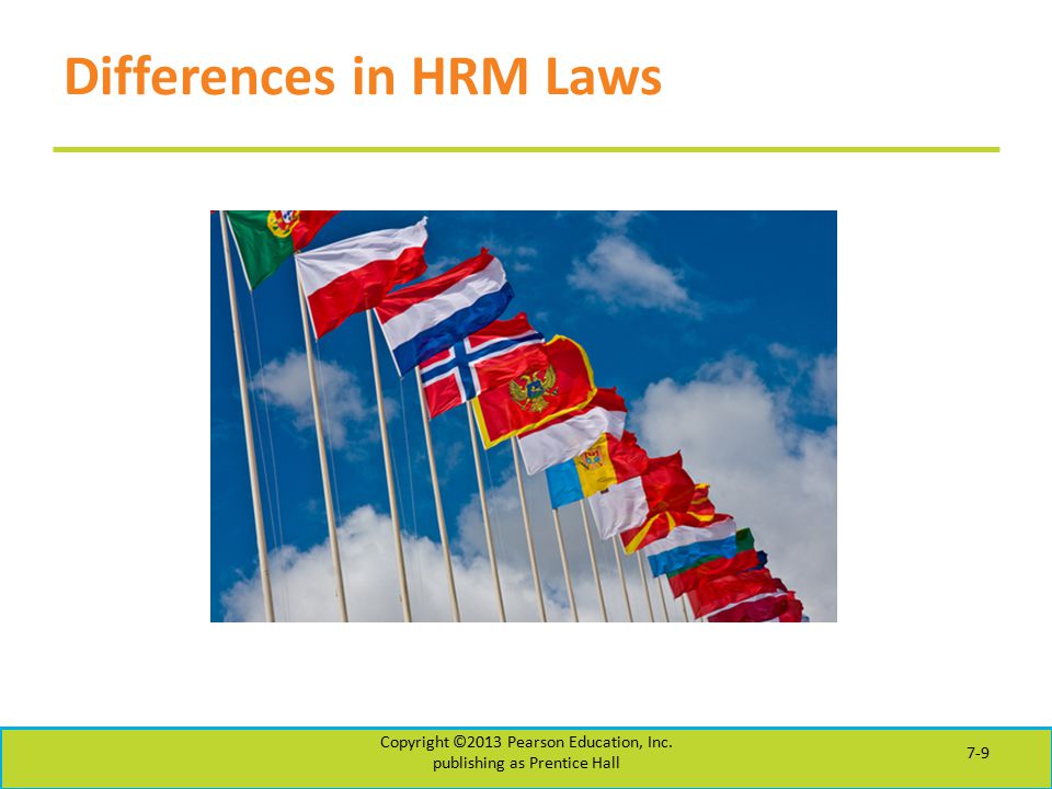 Differences in HRM Laws Copyright ©2013 Pearson Education, Inc. publishing as Prentice Hall 7-9
