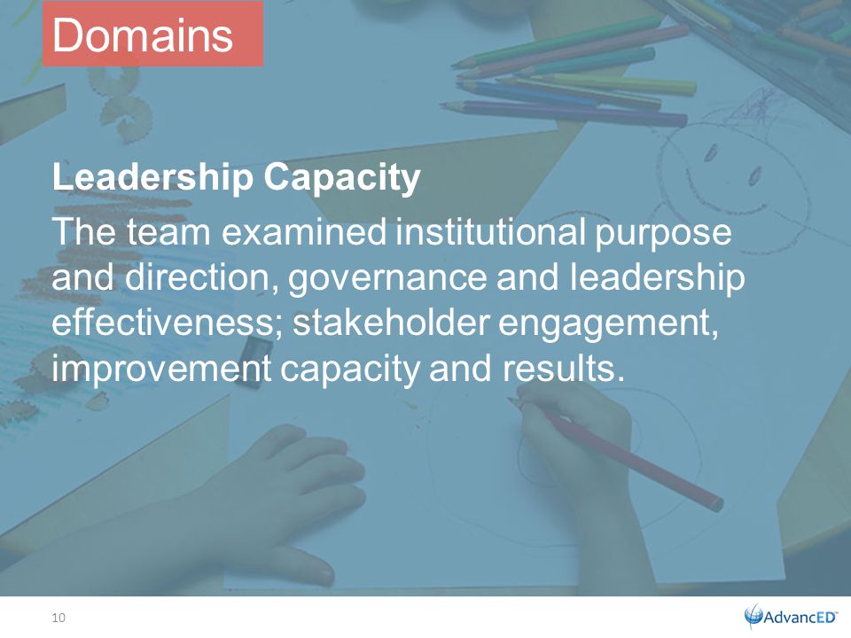 Leadership Capacity The team examined institutional purpose and direction, governance and leadership effectiveness; stakeholder engagement, improvement capacity and results.