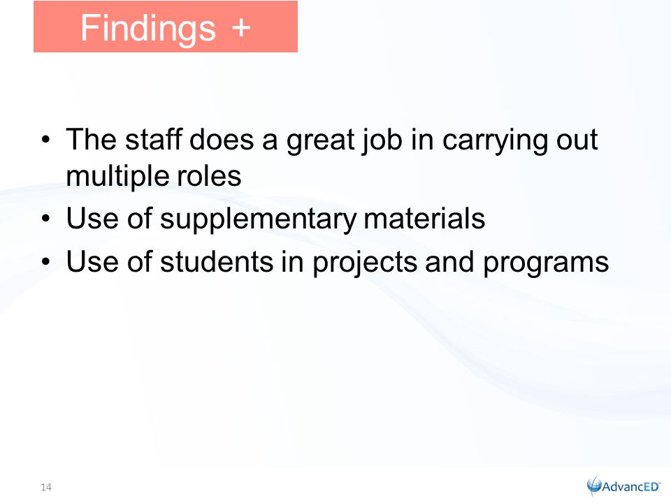 The staff does a great job in carrying out multiple roles Use of supplementary materials Use of students in projects and programs Findings + 14