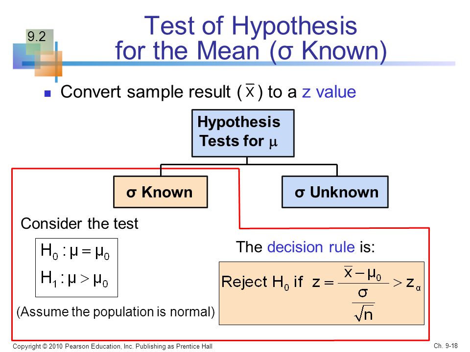 Test of Hypothesis for the Mean (σ Known) Convert sample result ( ) to a z value Copyright © 2010 Pearson Education, Inc.