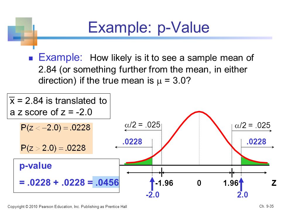 Example: p-Value Example: How likely is it to see a sample mean of 2.84 (or something further from the mean, in either direction) if the true mean is  = 3.0.