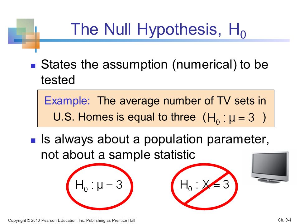 The Null Hypothesis, H 0 States the assumption (numerical) to be tested Example: The average number of TV sets in U.S.