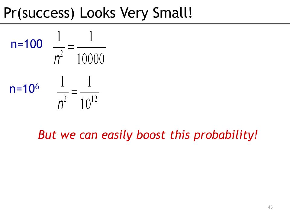 Pr(success) Looks Very Small! 45 n=100 n=10 6 But we can easily boost this probability!