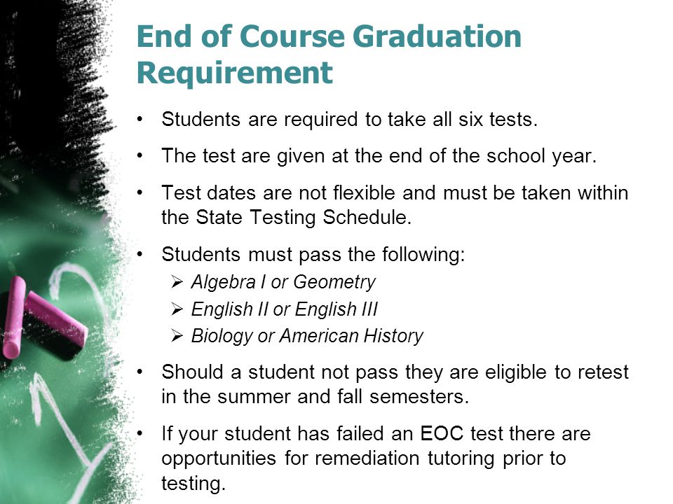 End of Course Graduation Requirement Students are required to take all six tests.