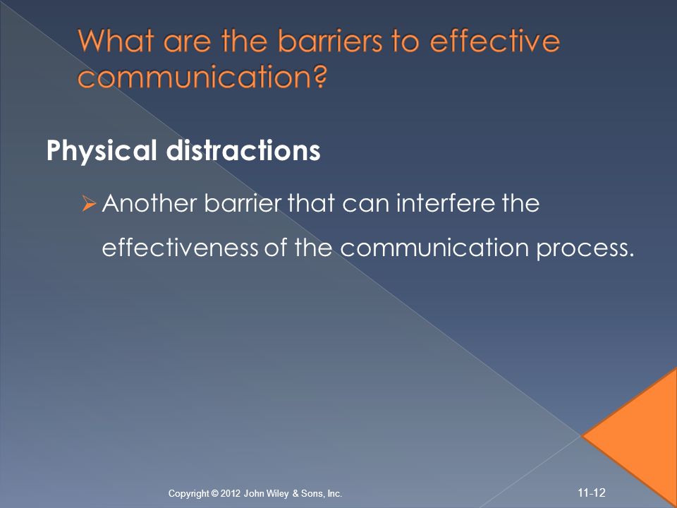 Physical distractions  Another barrier that can interfere the effectiveness of the communication process.