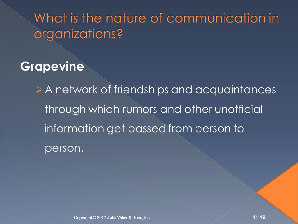 Grapevine  A network of friendships and acquaintances through which rumors and other unofficial information get passed from person to person.