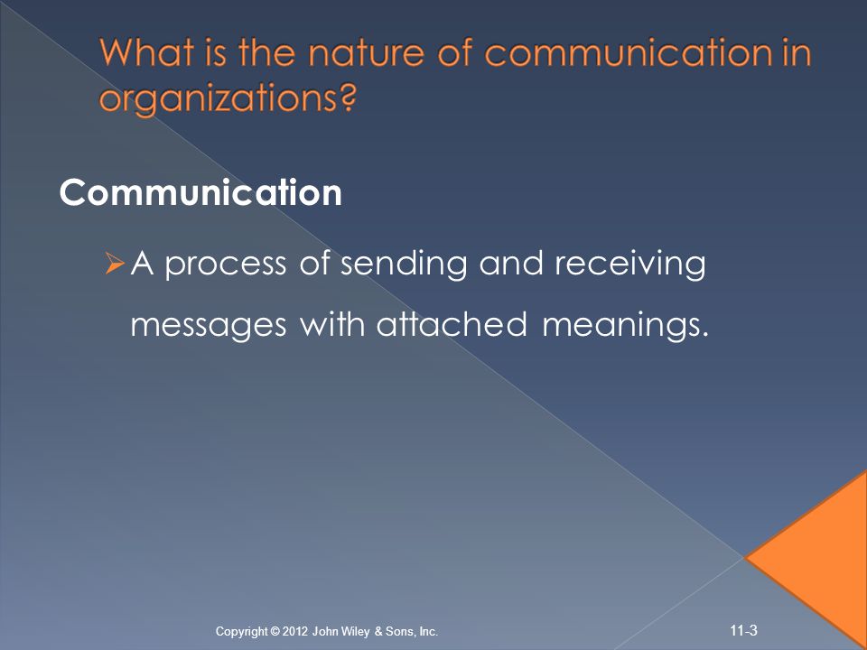 Communication  A process of sending and receiving messages with attached meanings.