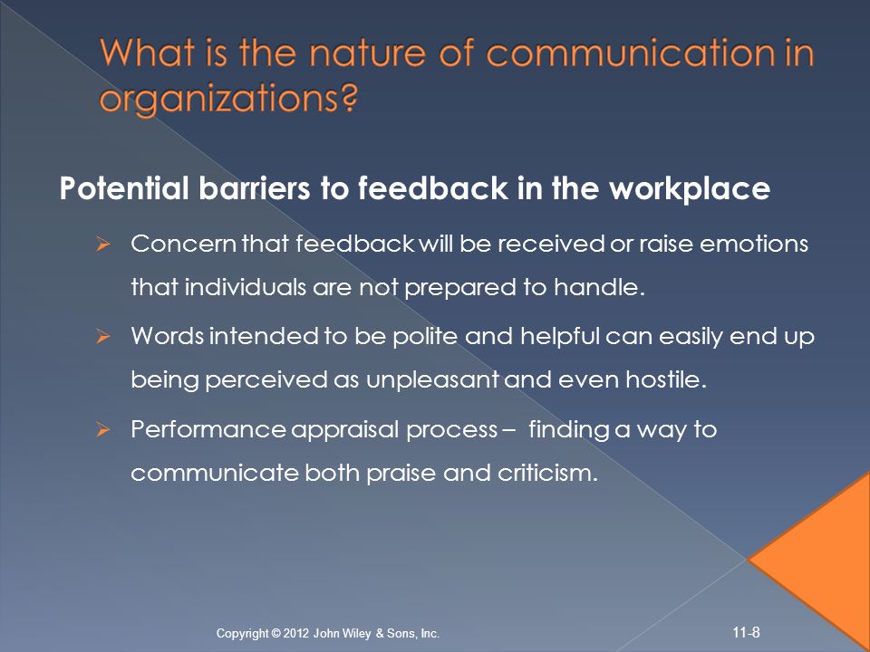 Potential barriers to feedback in the workplace  Concern that feedback will be received or raise emotions that individuals are not prepared to handle.