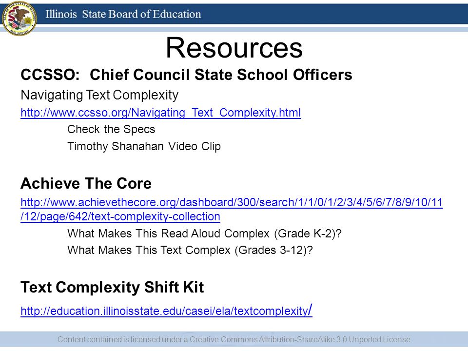 Resources CCSSO: Chief Council State School Officers Navigating Text Complexity   Check the Specs Timothy Shanahan Video Clip Achieve The Core   /12/page/642/text-complexity-collection What Makes This Read Aloud Complex (Grade K-2).