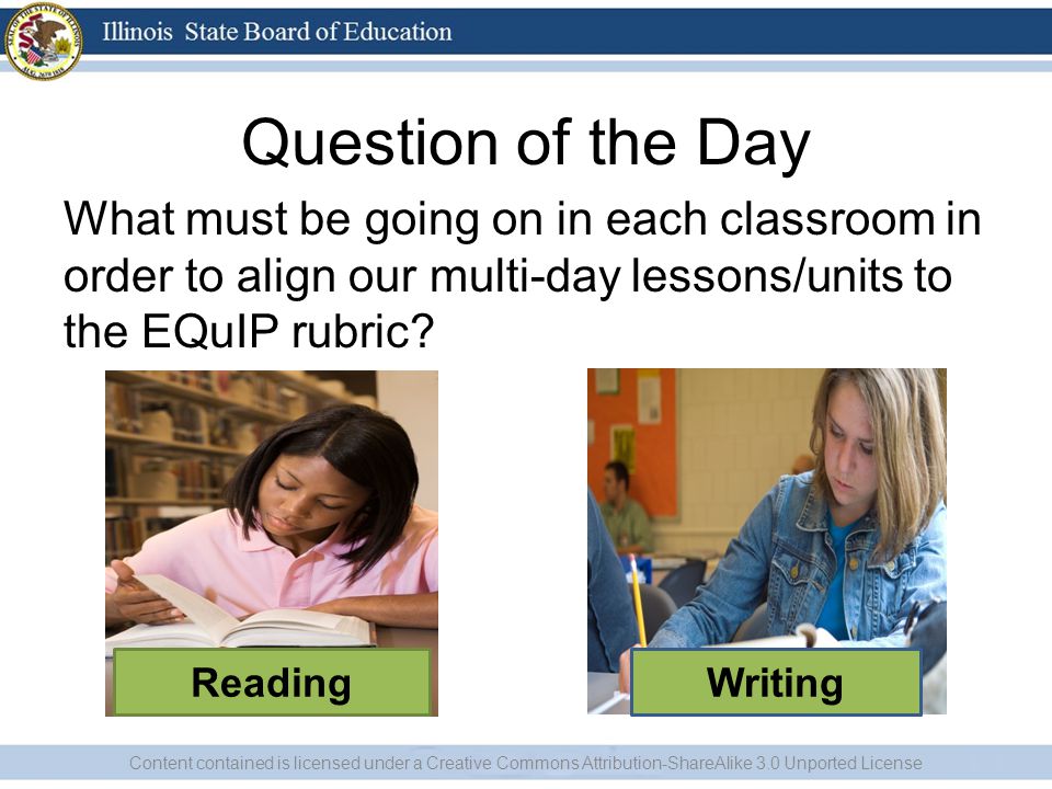 Question of the Day What must be going on in each classroom in order to align our multi-day lessons/units to the EQuIP rubric.