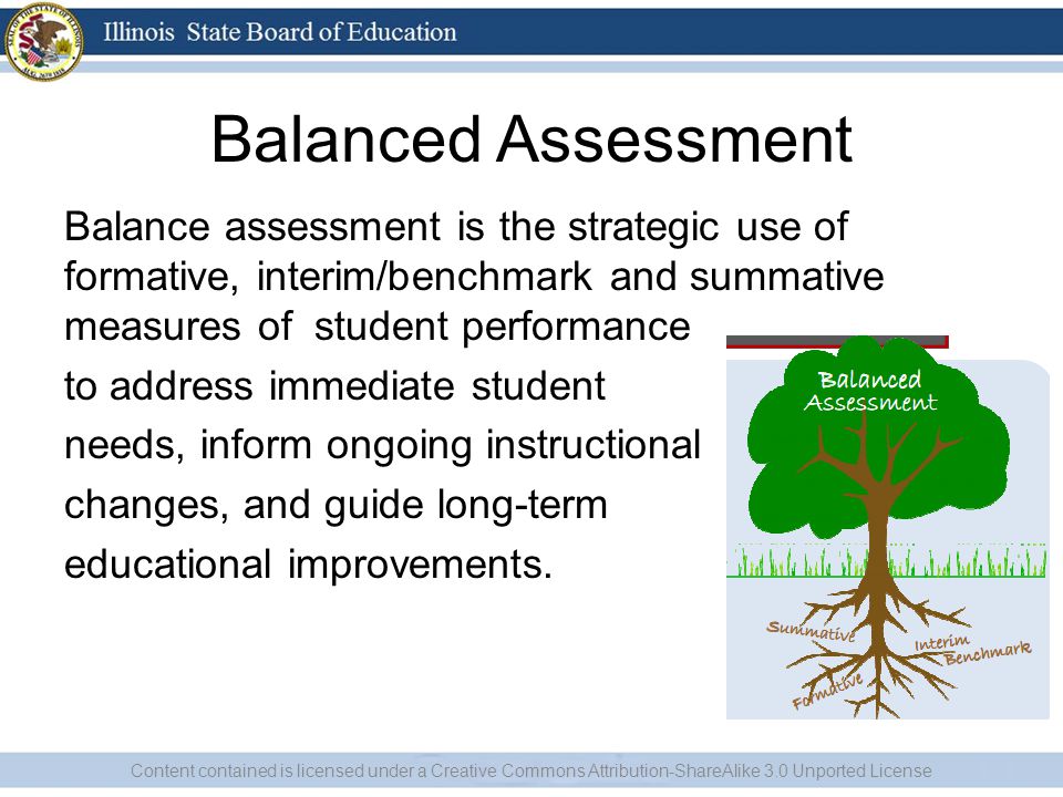 Balanced Assessment Balance assessment is the strategic use of formative, interim/benchmark and summative measures of student performance to address immediate student needs, inform ongoing instructional changes, and guide long-term educational improvements.