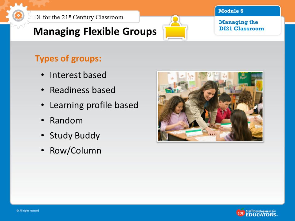 Managing Flexible Groups Types of groups: Interest based Readiness based Learning profile based Random Study Buddy Row/Column DI for the 21 st Century Classroom
