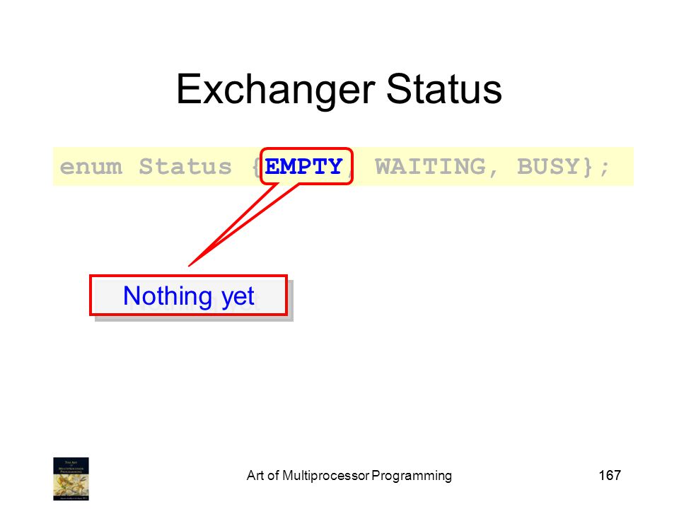 Art of Multiprocessor Programming167 Exchanger Status enum Status {EMPTY, WAITING, BUSY}; Nothing yet