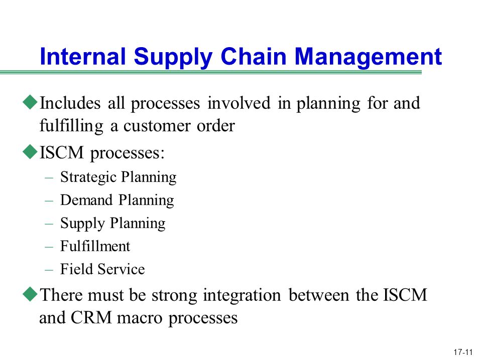 17-11 Internal Supply Chain Management uIncludes all processes involved in planning for and fulfilling a customer order uISCM processes: –Strategic Planning –Demand Planning –Supply Planning –Fulfillment –Field Service uThere must be strong integration between the ISCM and CRM macro processes