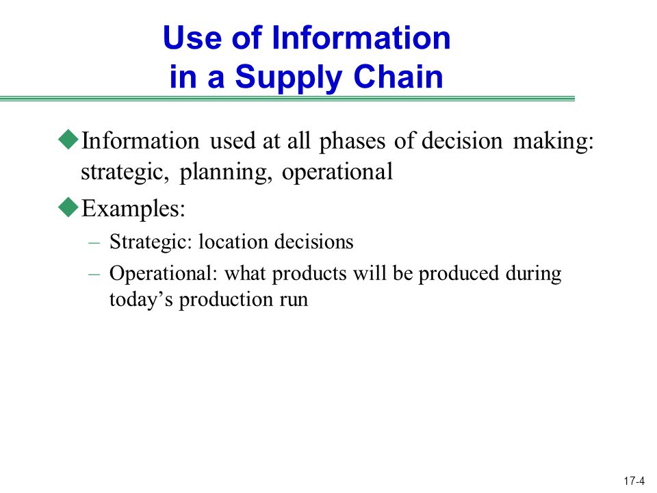 17-4 Use of Information in a Supply Chain uInformation used at all phases of decision making: strategic, planning, operational uExamples: –Strategic: location decisions –Operational: what products will be produced during today’s production run