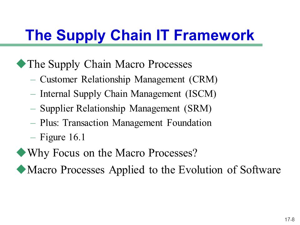 17-8 The Supply Chain IT Framework uThe Supply Chain Macro Processes –Customer Relationship Management (CRM) –Internal Supply Chain Management (ISCM) –Supplier Relationship Management (SRM) –Plus: Transaction Management Foundation –Figure 16.1 uWhy Focus on the Macro Processes.