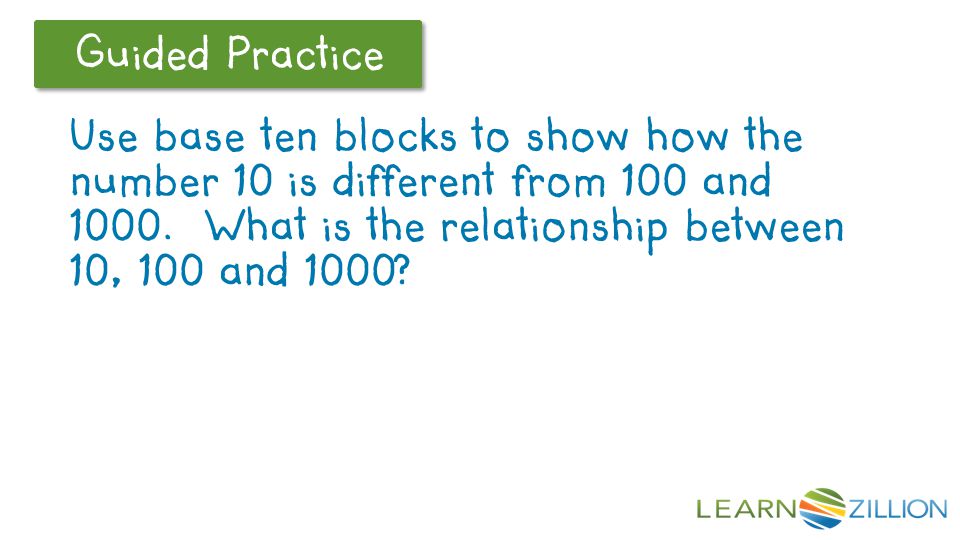 Let’s Review Guided Practice Use base ten blocks to show how the number 10 is different from 100 and 1000.