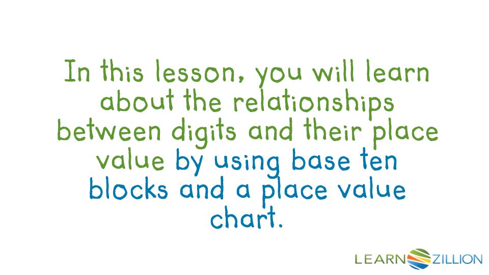 In this lesson, you will learn about the relationships between digits and their place value by using base ten blocks and a place value chart.