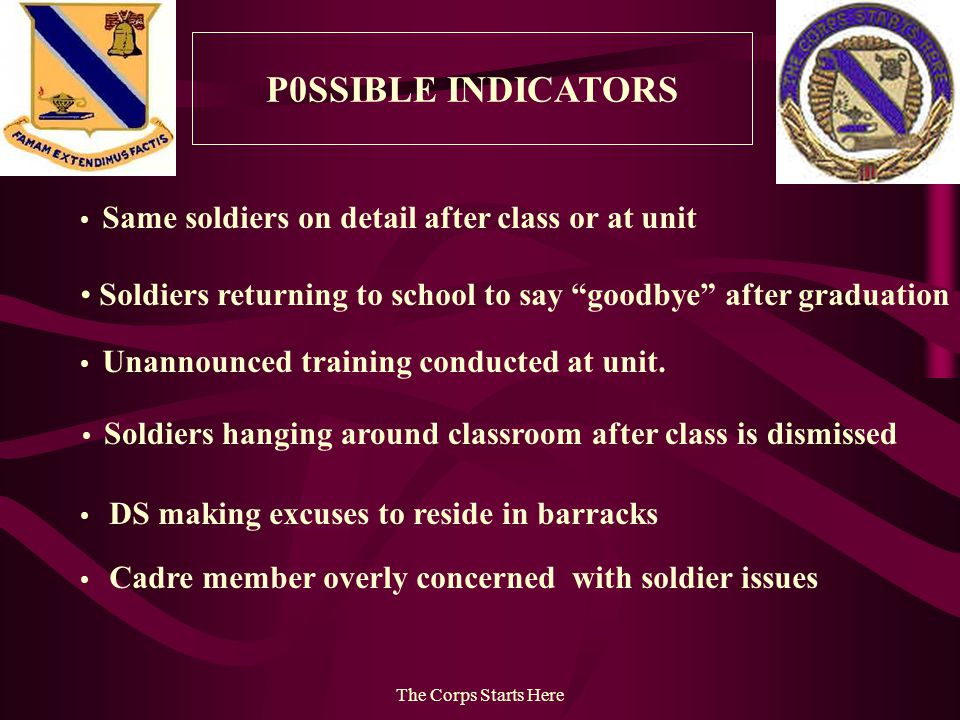 The Corps Starts Here Same soldiers on detail after class or at unit Soldiers returning to school to say goodbye after graduation Unannounced training conducted at unit.