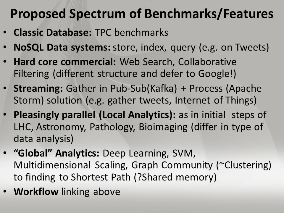 Proposed Spectrum of Benchmarks/Features Classic Database: TPC benchmarks NoSQL Data systems: store, index, query (e.g.