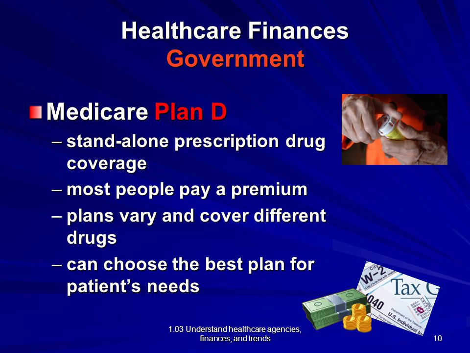 1.03 Understand healthcare agencies, finances, and trends Healthcare Finances Government Medicare Plan D –stand-alone prescription drug coverage –most people pay a premium –plans vary and cover different drugs –can choose the best plan for patient’s needs 10