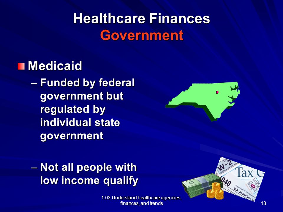 1.03 Understand healthcare agencies, finances, and trends Healthcare Finances Government Medicaid –Funded by federal government but regulated by individual state government –Not all people with low income qualify 13