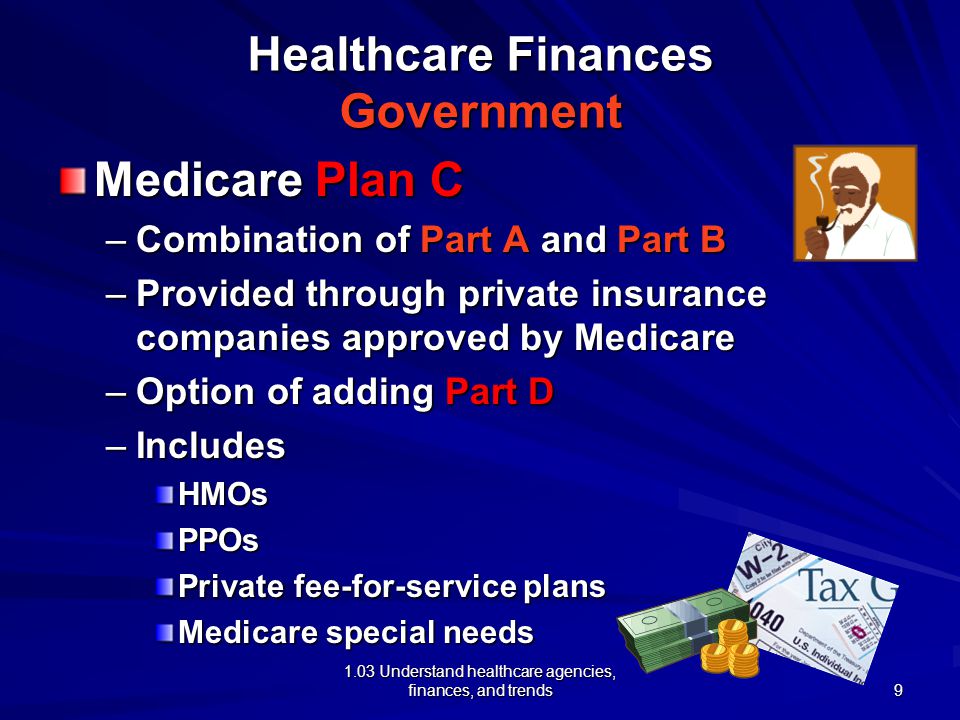1.03 Understand healthcare agencies, finances, and trends Healthcare Finances Government Medicare Plan C –Combination of Part A and Part B –Provided through private insurance companies approved by Medicare –Option of adding Part D –Includes HMOsPPOs Private fee-for-service plans Medicare special needs 9