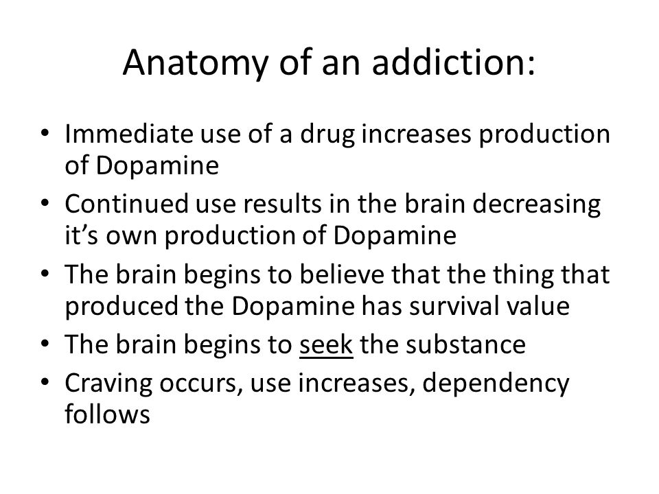Anatomy of an addiction: Immediate use of a drug increases production of Dopamine Continued use results in the brain decreasing it’s own production of Dopamine The brain begins to believe that the thing that produced the Dopamine has survival value The brain begins to seek the substance Craving occurs, use increases, dependency follows