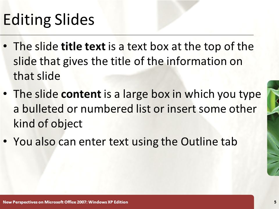 XP New Perspectives on Microsoft Office 2007: Windows XP Edition5 Editing Slides The slide title text is a text box at the top of the slide that gives the title of the information on that slide The slide content is a large box in which you type a bulleted or numbered list or insert some other kind of object You also can enter text using the Outline tab