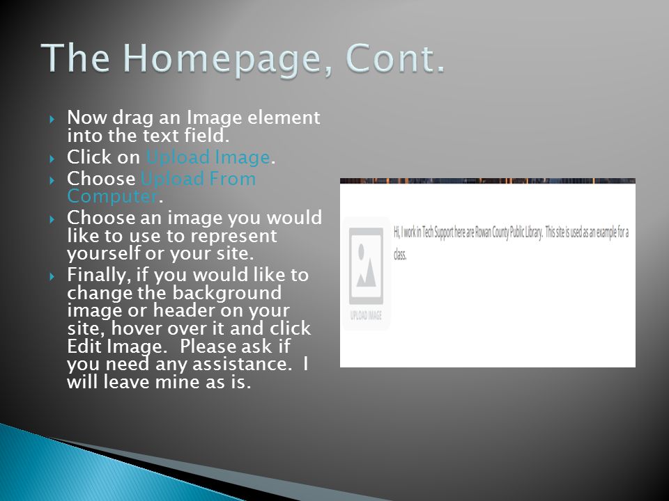  Now drag an Image element into the text field.  Click on Upload Image.