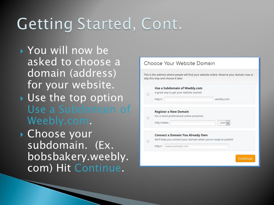  You will now be asked to choose a domain (address) for your website.