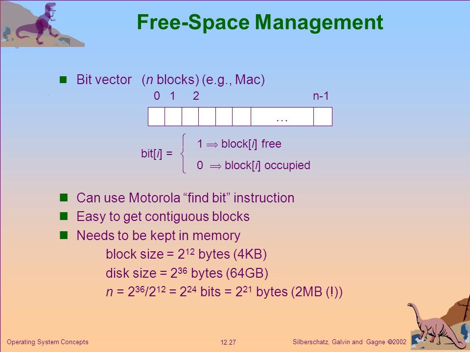 Silberschatz, Galvin and Gagne  Operating System Concepts Free-Space Management Bit vector (n blocks) (e.g., Mac) … 012n-1 bit[i] =  1  block[i] free 0  block[i] occupied Can use Motorola find bit instruction Easy to get contiguous blocks Needs to be kept in memory block size = 2 12 bytes (4KB) disk size = 2 36 bytes (64GB) n = 2 36 /2 12 = 2 24 bits = 2 21 bytes (2MB (!))
