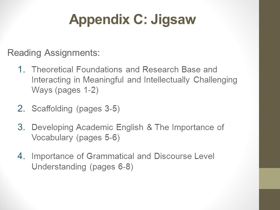 Appendix C: Jigsaw Reading Assignments: 1.