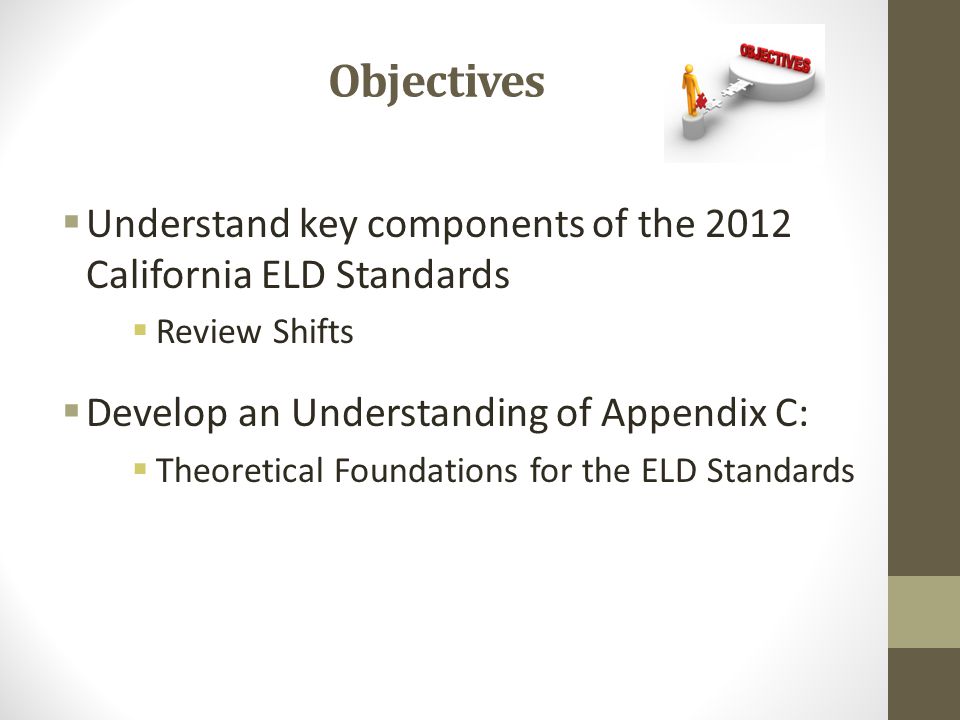  Understand key components of the 2012 California ELD Standards  Review Shifts  Develop an Understanding of Appendix C:  Theoretical Foundations for the ELD Standards Objectives
