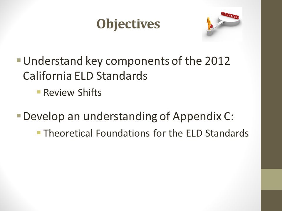  Understand key components of the 2012 California ELD Standards  Review Shifts  Develop an understanding of Appendix C:  Theoretical Foundations for the ELD Standards Objectives