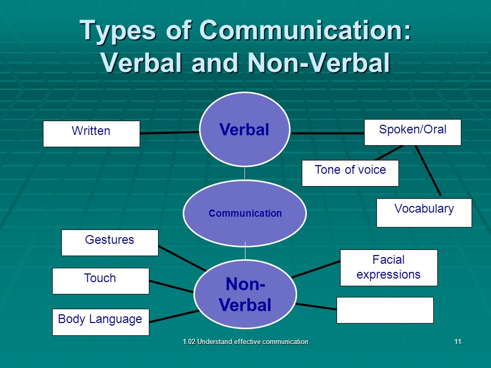 Types of Communication: Verbal and Non-Verbal Body Language Touch Gestures Written Spoken/Oral Tone of voice Facial expressions Vocabulary 1.02 Understand effective communication11 Non- Verbal Verbal Communication